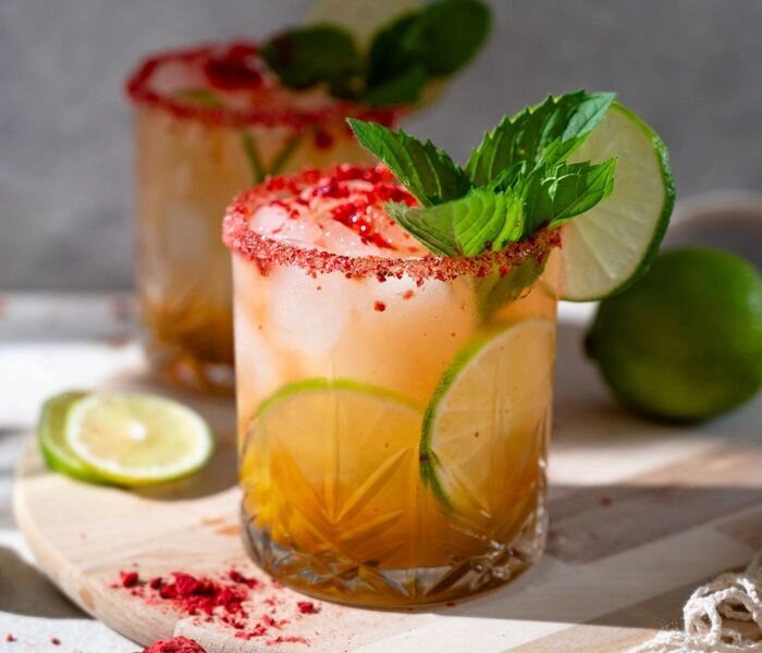 cóctel de mango con fresas liofilizadas